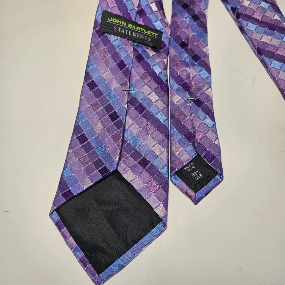 John Bartlett Statements Mens Purple‎ Blue Geometric Mosaic 100% Silk Necktie